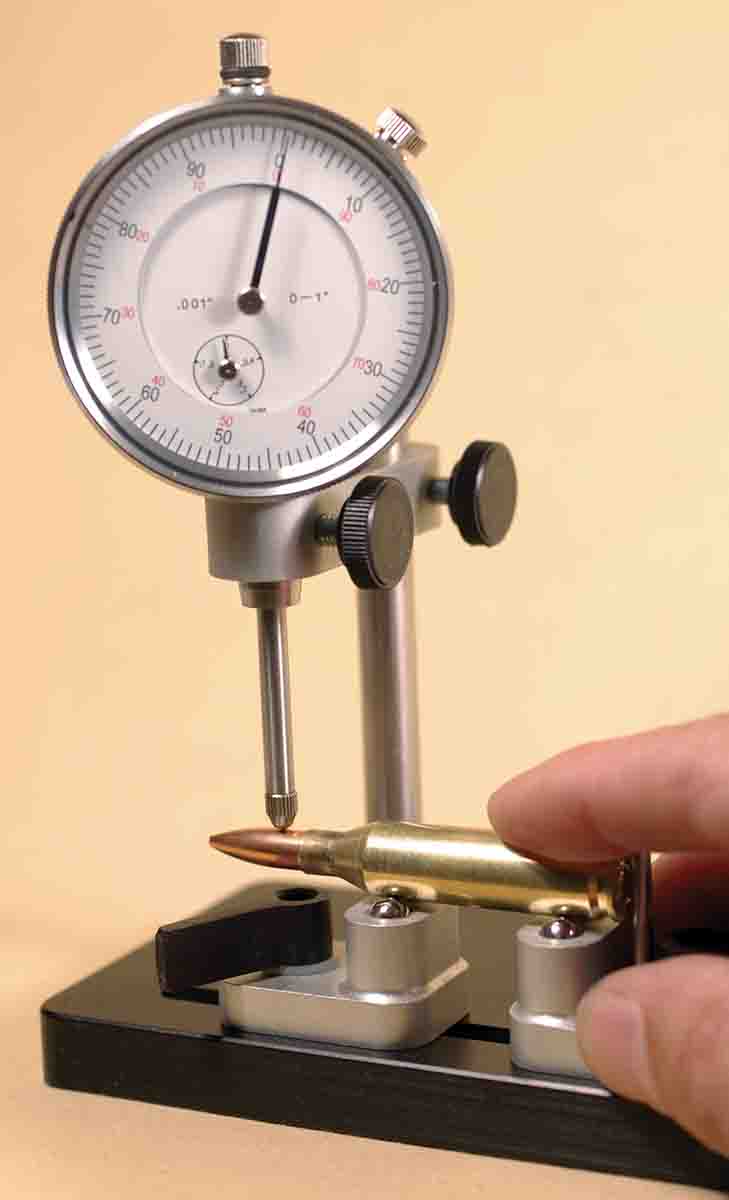 Determining if bullets are seated ruler- straight requires a tool like the Sinclair Concentricity Gage.